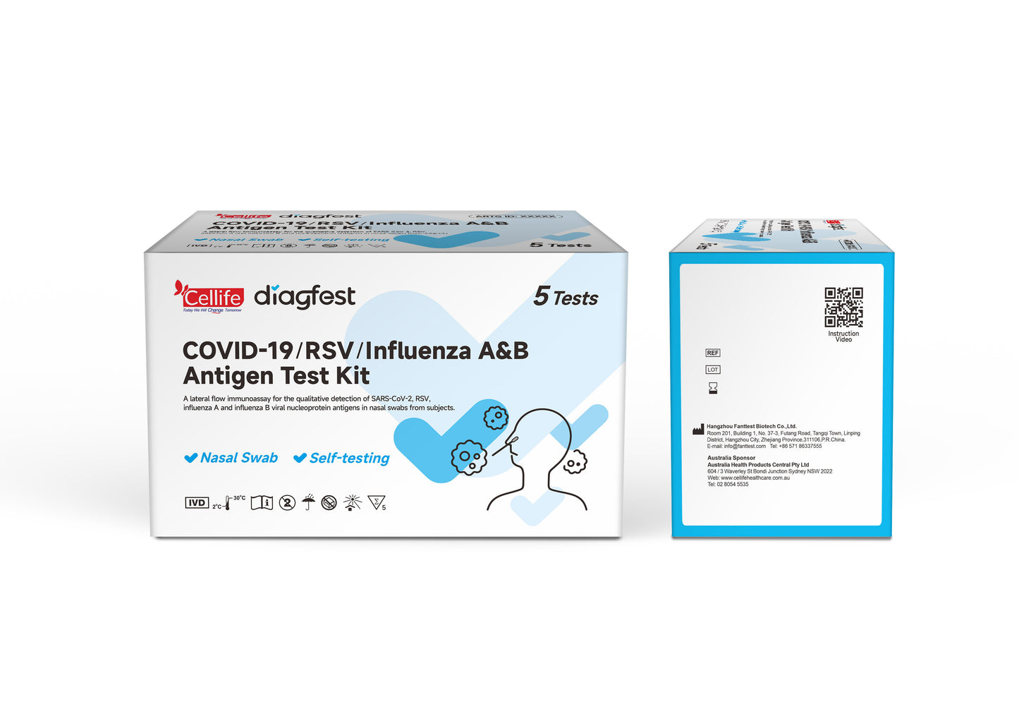 Cellife Diagfest Covid-19/RSV/Influenza A&B Antigen Test Kit  1/5/20/25 Pack